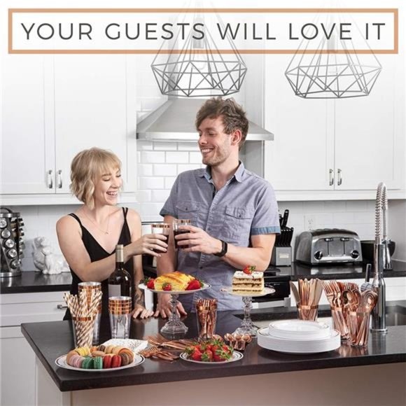 250Piece Disposable Rose Gold Plastic Dinnerware Set-50 Rose Gold Plastic Plates - Picture 2 of 6